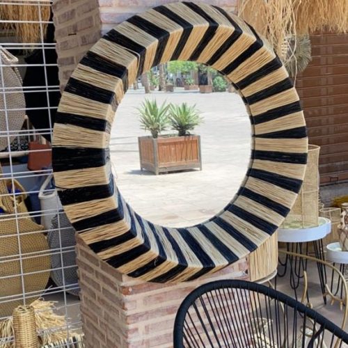 MIROIR HUBLOT RAYÉ RAPHIA & NOIR - Ma déco d'ailleurs