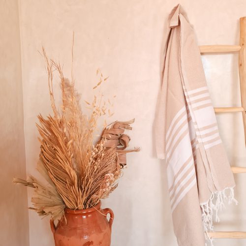 FOUTA MAROCAINE - BLANCHE & BEIGE - Ma déco d'ailleurs