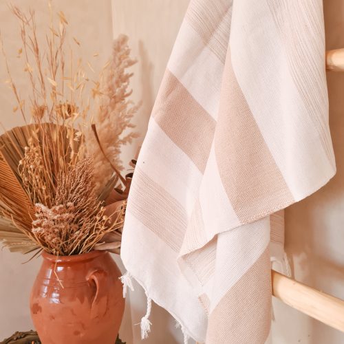 FOUTA MAROCAINE - BLANCHE & BEIGE - Ma déco d'ailleurs